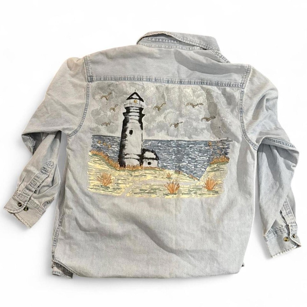 Vintage button up denim shirt with sparkly hand painted lighthouse & ocean scene